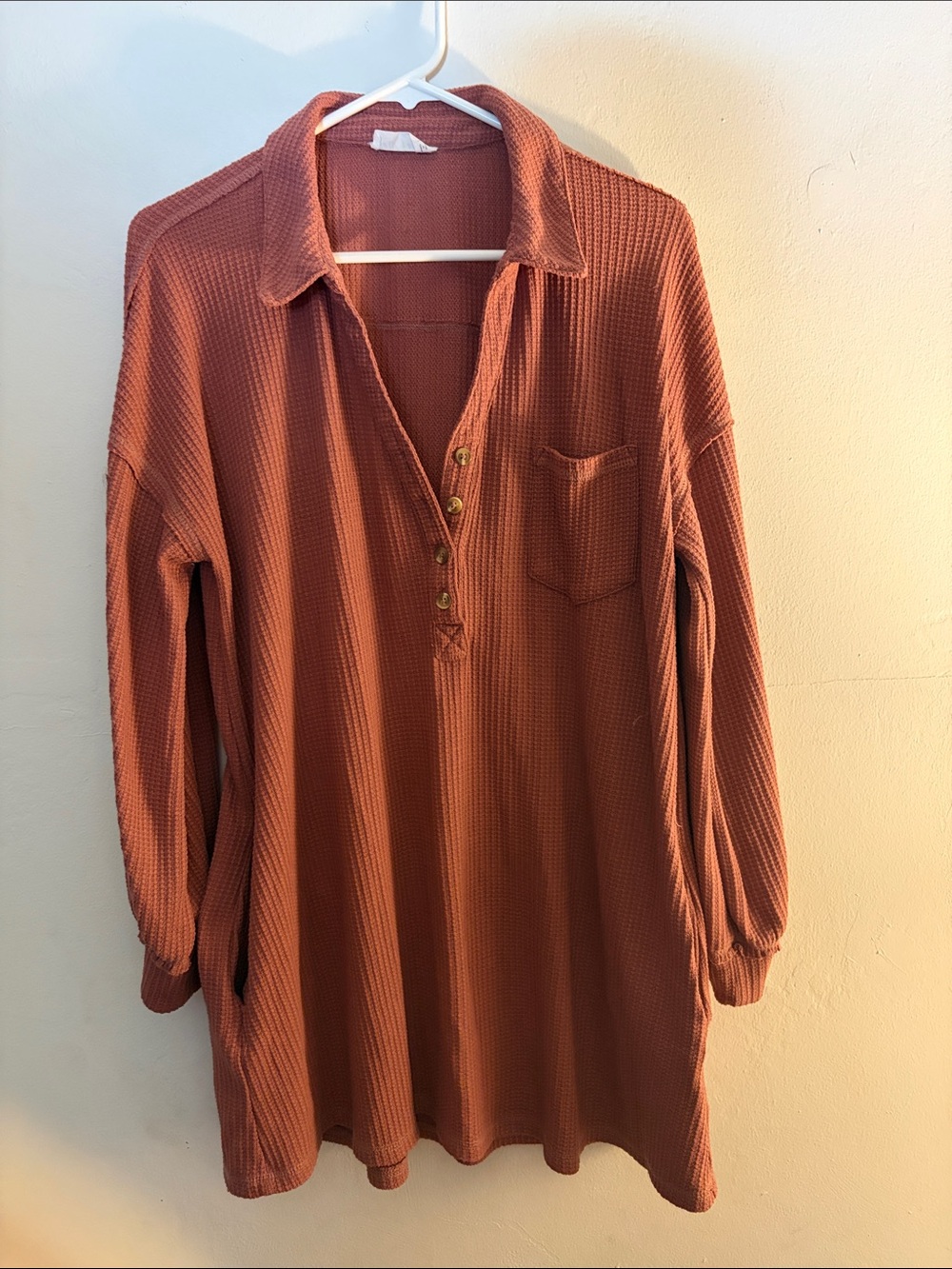 Waffle-Knit Tunic Henley in Rust